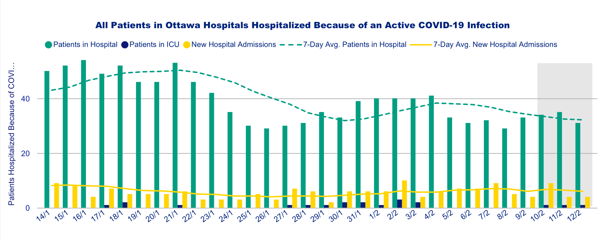 Chart of all patients in Ottawa hospitals hospitalized because of an active COVID-19 infection.